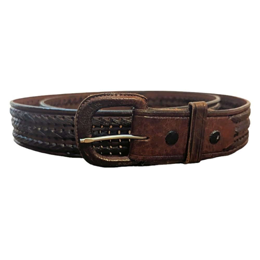 Vintage Leather Weave‎ Belt Boho Brown Leather Covered Buckle Unisex Size 42